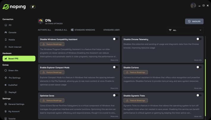 Interface do aplicativo desktop da Noping